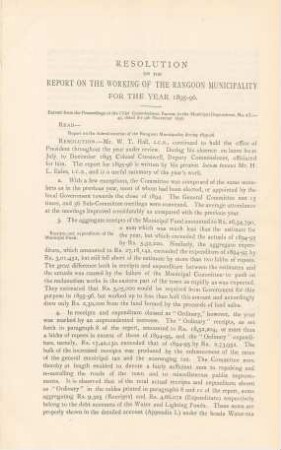 Resolution on the report on the working of the Rangoon municipality for the year 1895-96