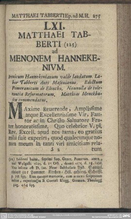LXI. Matthaei Tabberti ad Menonem Hannekenium