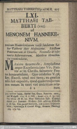 LXI. Matthaei Tabberti ad Menonem Hannekenium