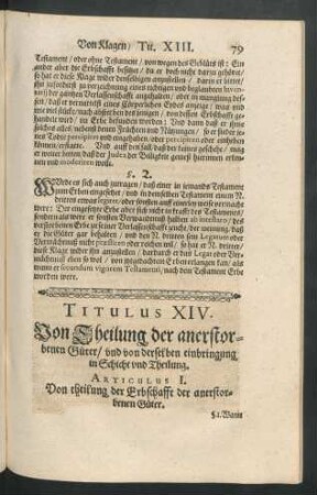 Titulus XIV. Von Theilung der anerstorbenen Güter/ und von derselben einbringung in Sicht und Theilung.