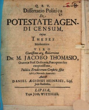 Dissertatio Politica De Potestate Agendi Censum