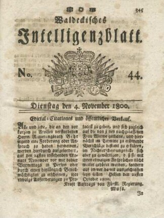 No. 44, Dienstag den 4. November 1800