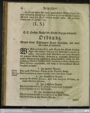 E. E. Hochw. Raths der Stadt Leipzig erneuerte Ordnung, Wegen derer Schlangen-Feuer-Spritzen, wie man sich damit zu verhalten