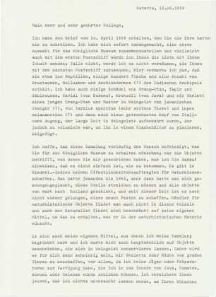 Brief Pieter Bleeker bezüglich Sammlungsstücke aus Niederländisch-Indien