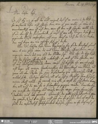 Eigenh. Brief von Johann Adolf Schlegel an August Wilhelm von Schlegel, Hannover, 29.07.1791