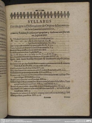 Syllabus, Eorum, quae in Dissertatione de Origine & Incrementis Iuris Canonici continentur