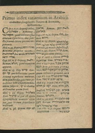 Primus index variantium in Arabicis codicibus, Lugduno-Batavo & Romano lectionum.