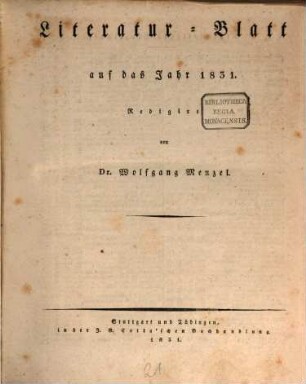 Morgenblatt für gebildete Stände. Literatur-Blatt, 1831