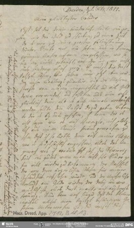 Eigenh. Brief von Charlotte Ernst an August Wilhelm von Schlegel mit NS von Ludwig Emanuel Ernst, Dresden, 01.02.1811