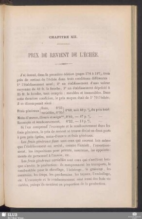 Chapitre XII. Prix de revient de l'échée