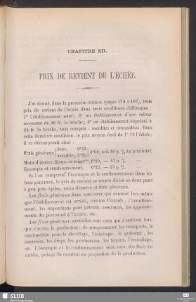 Chapitre XII. Prix de revient de l'échée