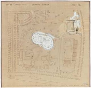 Sportfield Kairo Swimming Pool: Swimming Stadium, Pump House, Restaurant, Dressing cabins, Pools for swimmers, non swimmers, Beginners, Paddling Pool, Lageplan 1:500