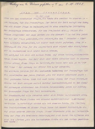 Vortrag von Br. Kröner gehalten in I am 2.11.1922. Frau und Frauenfrage in der Loge