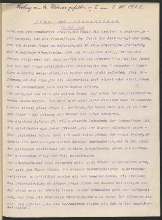 Vortrag von Br. Kröner gehalten in I am 2.11.1922. Frau und Frauenfrage in der Loge