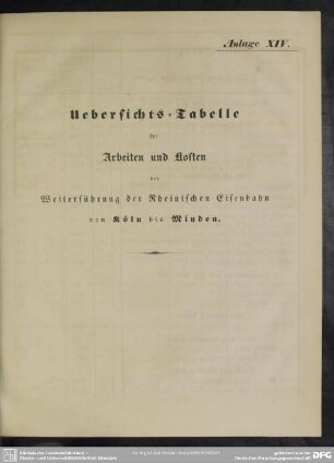 Anlage XIV. Uebersichts-Tabelle der Arbeiten und Kosten der Weiterführung der Rheinischen Eisenbahn von Köln bis Minden