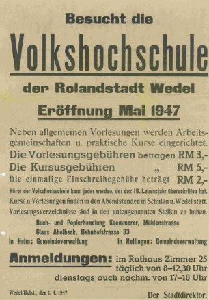 Besucht die Volkshochschule der Rolandstadt Wedel. Eröffnung Mai 1947