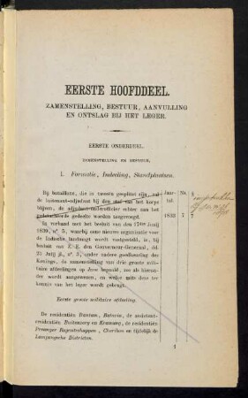 Eerste hoofddeel. Zamenstelling, bestuur, aanvulling en ontslag bij het leger