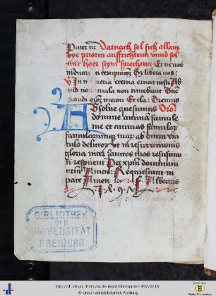 [104v] Nennung des Schreibers (Frater Albertus) und des Datums der Niederschrift (1497).