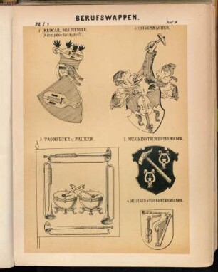 Taf. 9. - 1. Reimar, der Fiedler. (Manessesche Handschrift.) - 2. Trompeter u. Pauker. - 3. Musikinstrumentenmacher. - 4. Musikinstrumentenmacher.