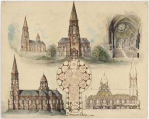 Nazarethkirche (1835), Berlin-Wedding Projekt II (Neubau): Grundriss, Ansichten, Schnitt, perspektivische Innenansicht