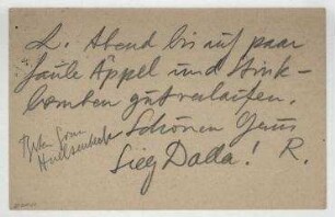 Postkarte von Raoul Hausmann, Richard Huelsenbeck und Johannes Baader an Elfriede Hausmann. [Leipzig]