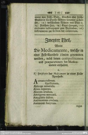 Zweyter Theil, Worin Die Medicamente, welche in einer Feld-Apotheke könten genommen werden, nebst denen compositionen und praeparationen der Medicamente enthalten