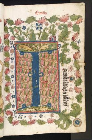 I-Initiale vor Rautenhintergrund mit Blumenmuster, Rankenwerk