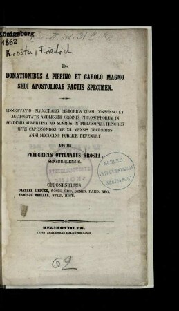 De donationibus a Pippino et Carolo Magno Sedi Apostolicae factis specimen