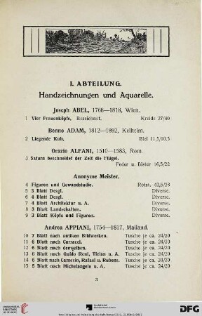 Handzeichnungen und Aquarelle (Nr. 1-230)