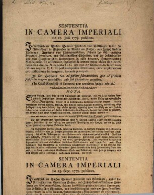 Sententia in Camera Imperiali die 17. Iulii 1778 publicata ... in Sachen S. F. v. Gültlingen wider die Ritterschaft in Schwaben