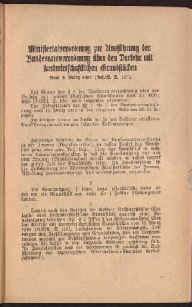 Ministerialverordnung zur Ausführung der Bundesratsverordnung über den Verkehr mit landwirtschaftlichen Grundstücken vom 9. März 1922 (Ges.-S. S. 167).