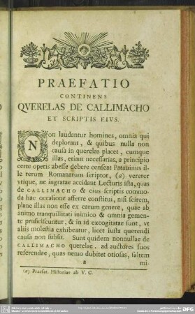 Praefatio Continens Querelas De Callimacho Et Scriptis Eius