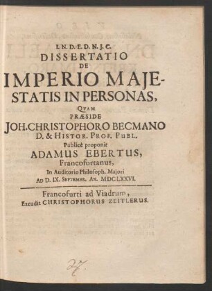 Dissertatio De Imperio Maiestatis in Personas