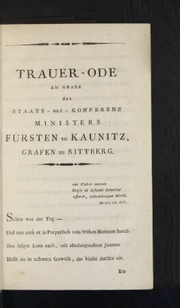 Trauer-Ode Am Grabe des Staats-und-Konferenz Ministers ...