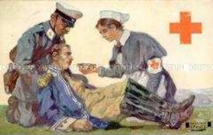 Rotkreuzschwester versorgt einen verwundeten Soldaten