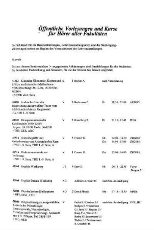 Öffentliche Vorlesungen und Kurse für Hörer aller Fakultäten