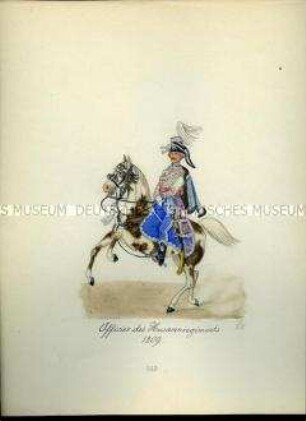 Uniformdarstellung, Offizier des Husaren-Regiments zu Pferd, 1809. Aus: Sammelmappe "Sachsens Militär", Königliche Arsenalsammlung.
