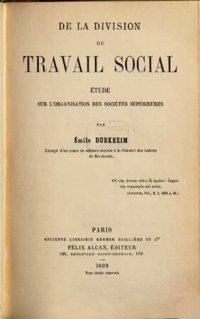 De la division du travail social : étude sur l'organisation des sociétés supérieures