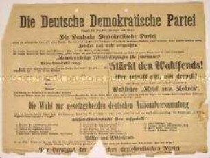 Wahlaufruf der Deutschen Demokratischen Partei mit Kandidatenliste und Informationen zum Wahlbüro