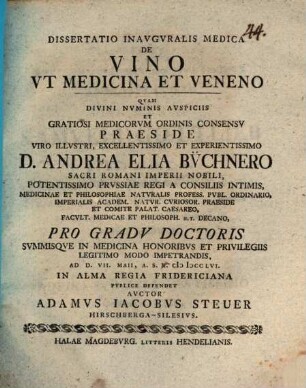 Diss. inaug. med. de vino ut medicina et veneno
