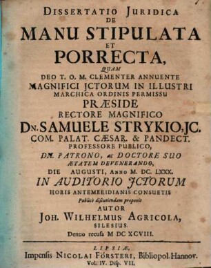 Diss. iur. de manu stipulata et porrecta