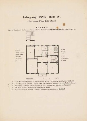 Wohnhaus in der Potsdamer Straße, Berlin: Inhaltsverzeichnis, Grundriss (aus: Architektonisches Skizzenbuch, H. 121/4, 1873)