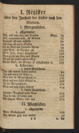 I. Register über den Innhalt der Lieder nach den Numern