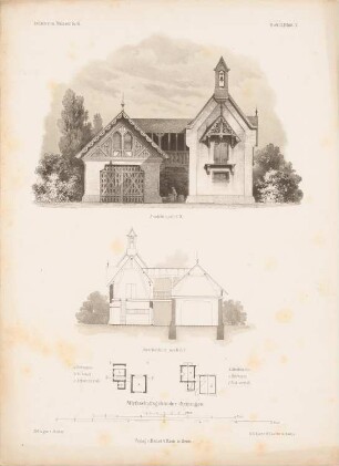Wirtschaftsgebäude, Meiningen: Grundrisse, Ansicht, Querschnitt (aus: Architektonisches Skizzenbuch, H. 51/3, 1861)