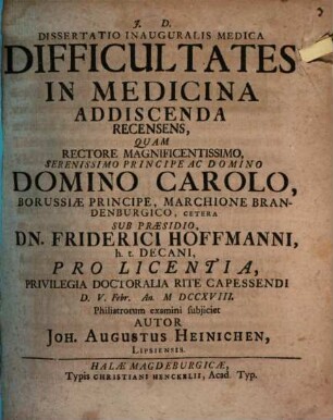 Dissertatio Inauguralis Medica Difficultates In Medicina Addiscenda Recensens