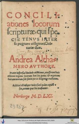Conciliationes locorum scripturae, qui specie TENVS INTER se pugnare uidentur: Centuriae duae
