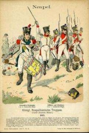 Uniformdarstellung, Grenadier-Tambour, Offizier und Füsiliere der Infanterie, Königreich Neapel, 1812.