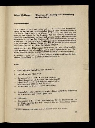 Dritter Wahlkurs: Chemie und Technologie der Herstellung von Aluminium