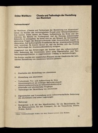 Dritter Wahlkurs: Chemie und Technologie der Herstellung von Aluminium