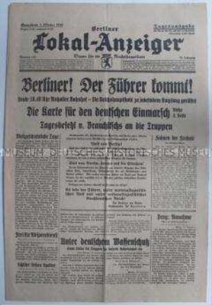 Berliner Lokal-Anzeiger zum Münchener Abkommen und der Besetzung des Sudetenlandes